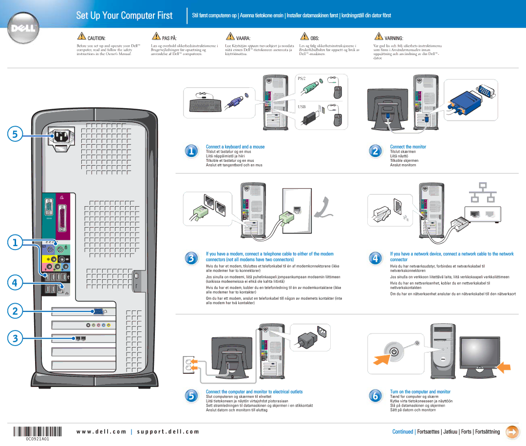 Dell 0C0921A01 owner manual Set Up Your Computer First, Pas På, Vaara, Obs, Varning 