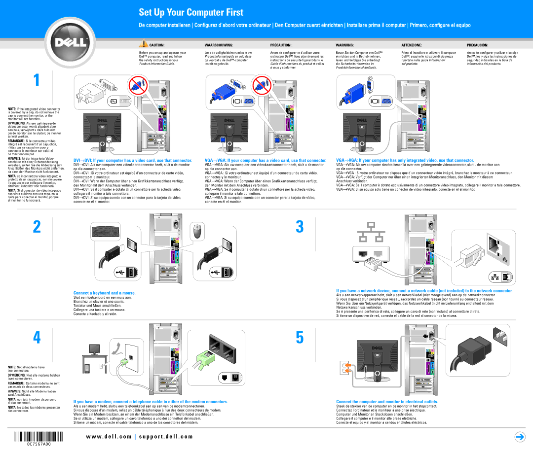 Dell 0C7567A00 manual Set Up Your Computer First, Connect a keyboard and a mouse 