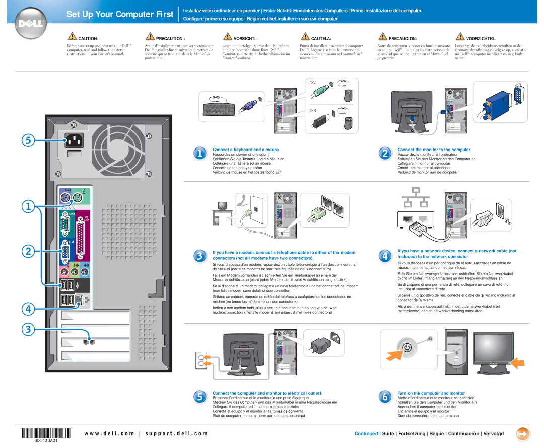 Dell 2400 Series, 0D1420A01 owner manual Set Up Your Computer First, Precaution Vorsicht Cautela Precaucion, Voorzichtig 