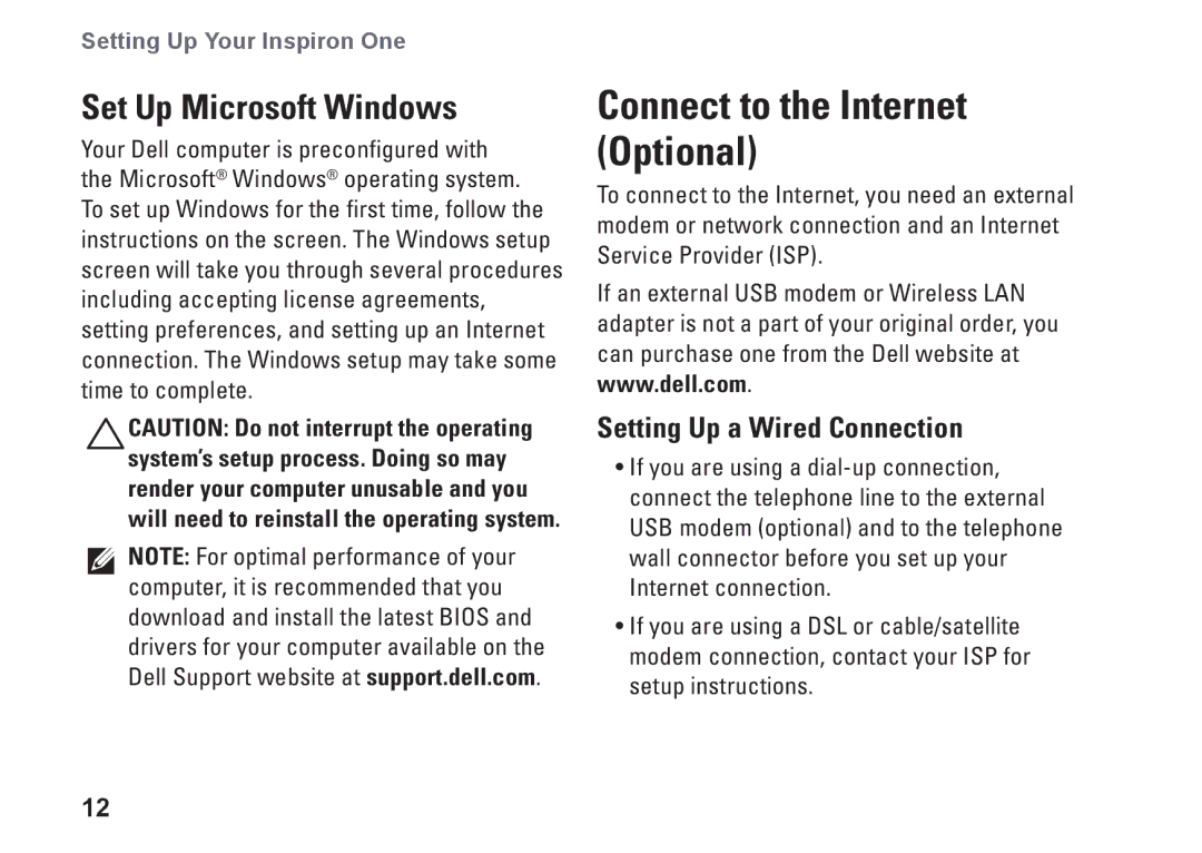 Dell 0DTN4TA00, W01B001 setup guide Connect to the Internet Optional, Setting Up a Wired Connection 