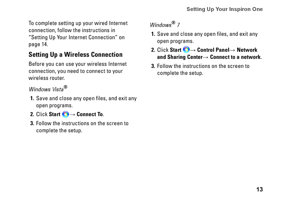 Dell 0DTN4TA00, W01B001 setup guide Setting Up a Wireless Connection, Click Start → Connect To 