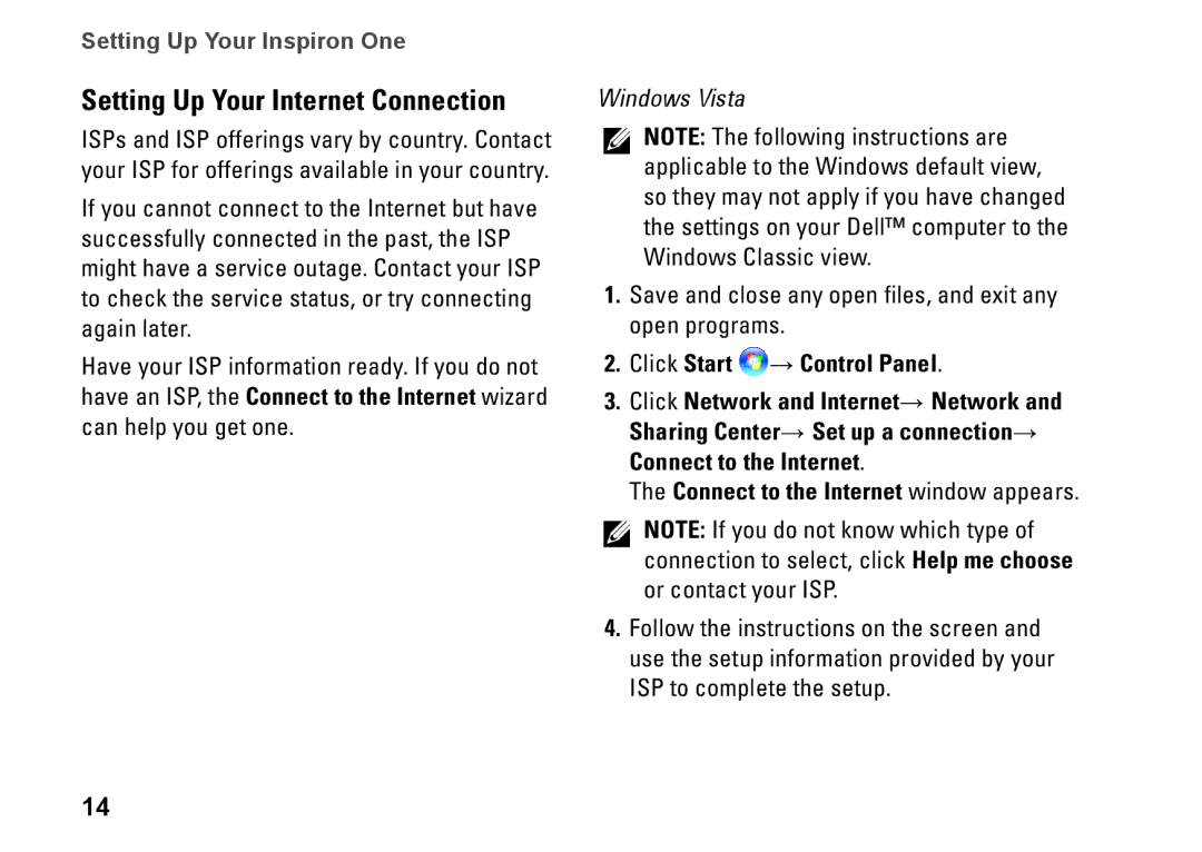 Dell 0DTN4TA00, W01B001 setup guide Setting Up Your Internet Connection 