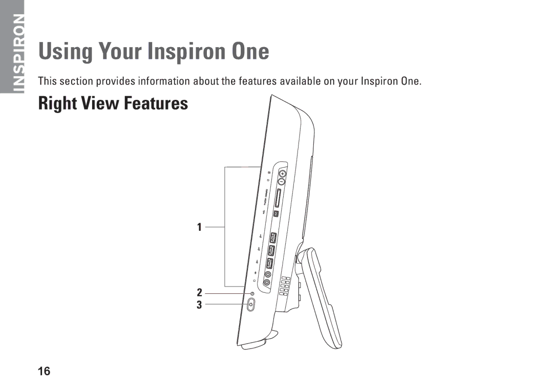 Dell 0DTN4TA00, W01B001 setup guide Using Your Inspiron One, Right View Features 