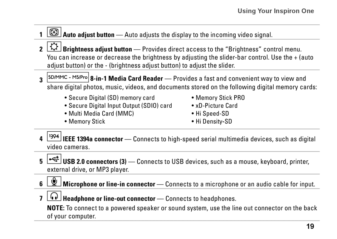 Dell W01B001, 0DTN4TA00 setup guide Headphone or line-out connector Connects to headphones 