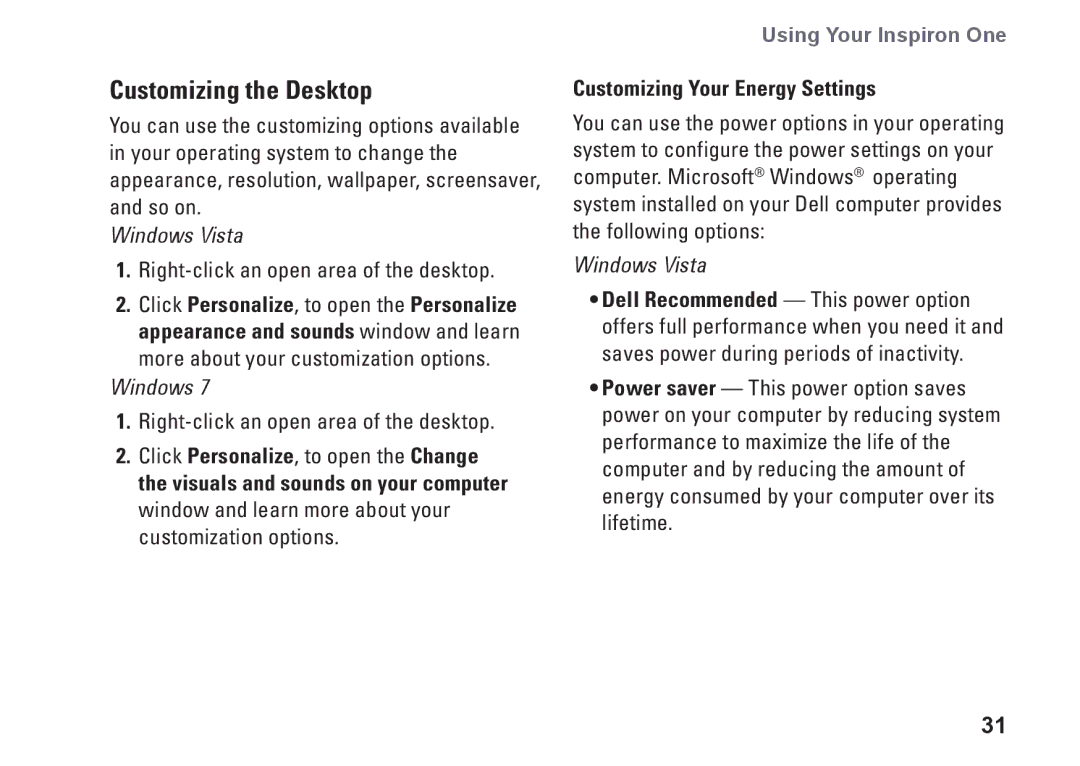 Dell W01B001, 0DTN4TA00 setup guide Customizing the Desktop, Customizing Your Energy Settings 