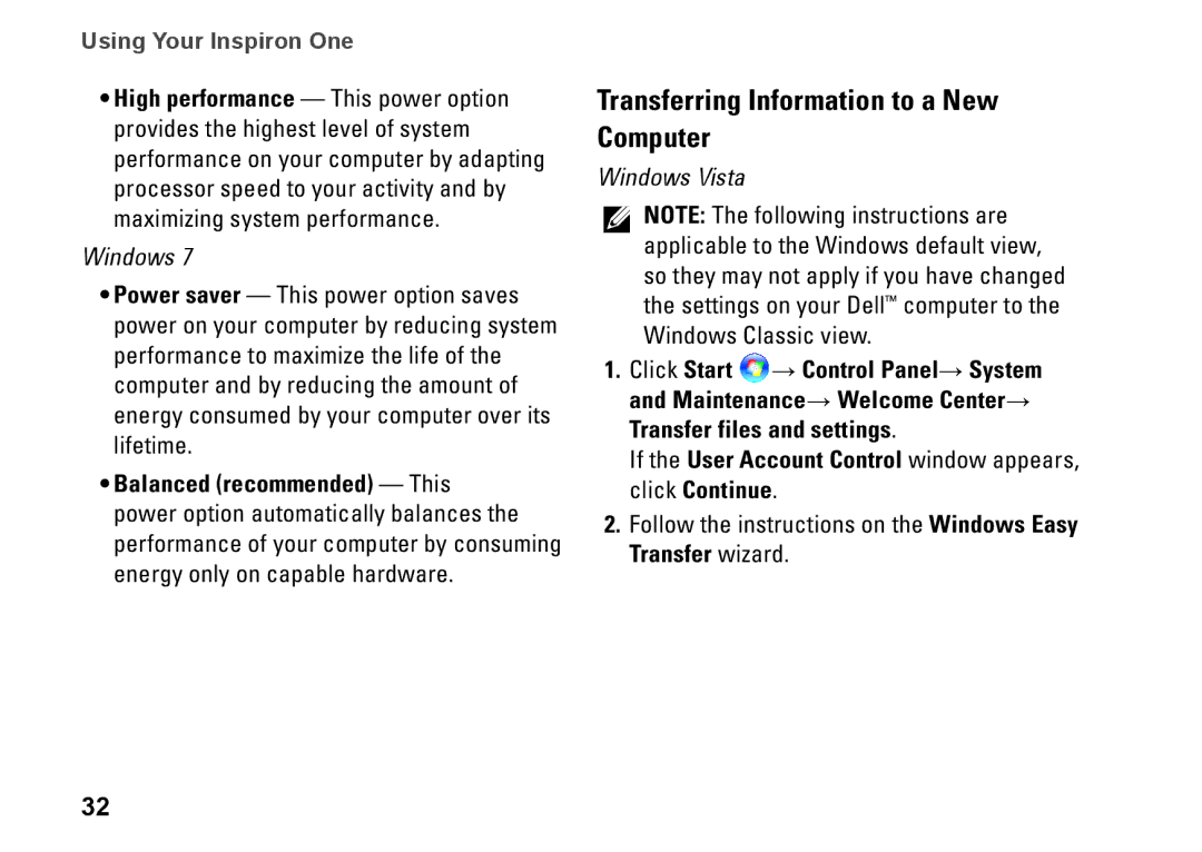 Dell W01B001 Transferring Information to a New Computer, If the User Account Control window appears, click Continue 