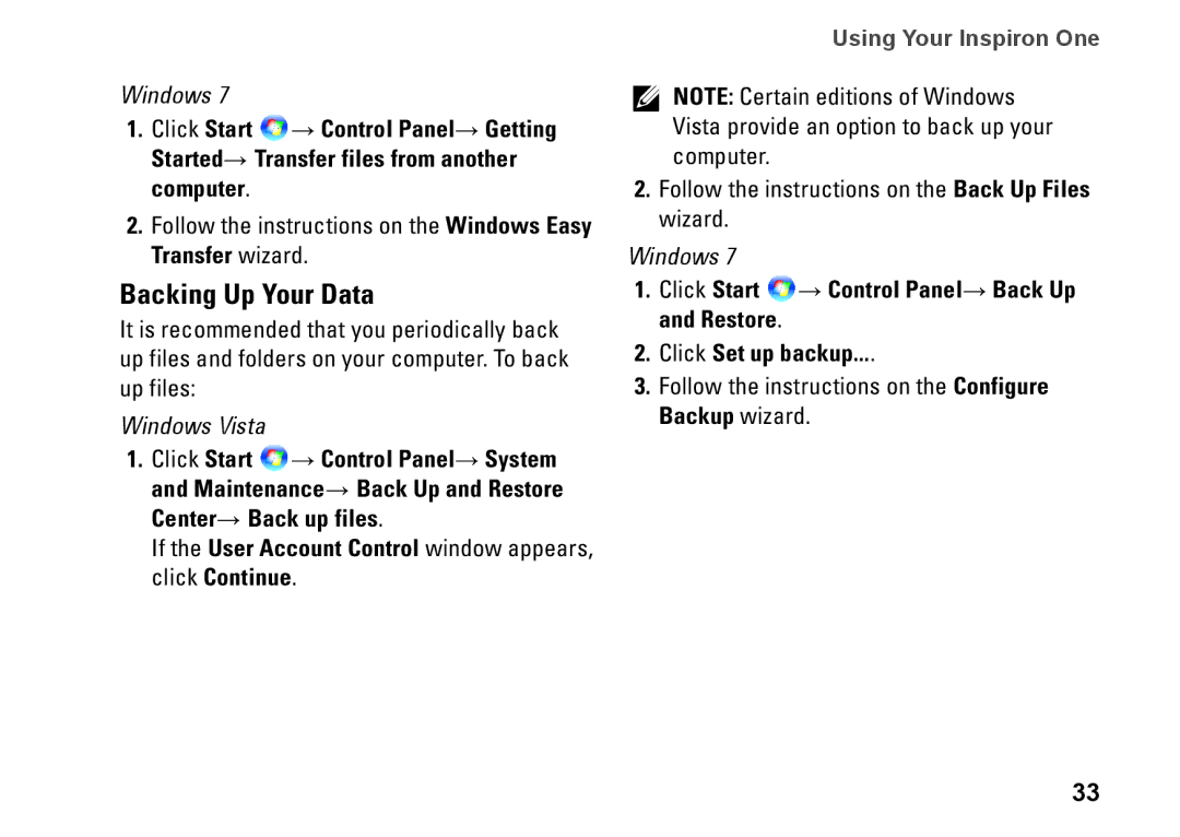 Dell 0DTN4TA00, W01B001 setup guide Backing Up Your Data 