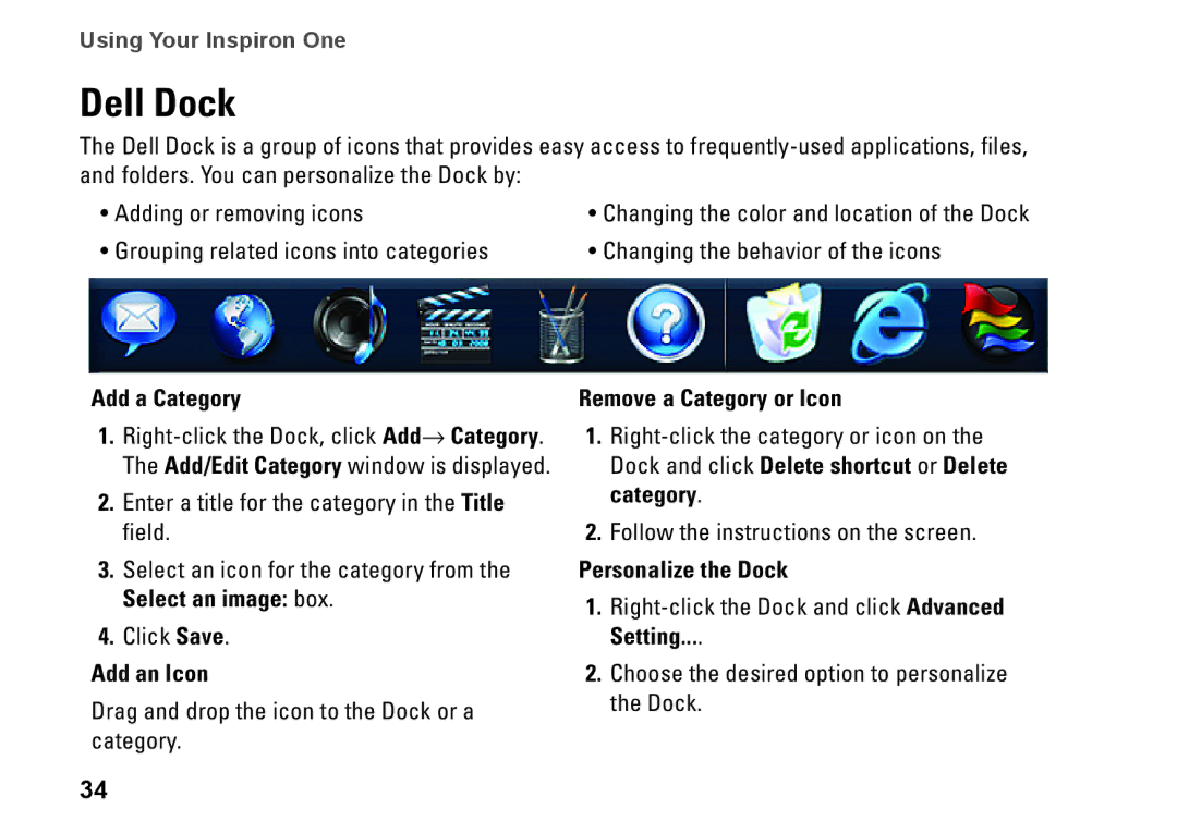 Dell 0DTN4TA00, W01B001 setup guide Dell Dock, Add a Category, Add an Icon, Remove a Category or Icon, Personalize the Dock 