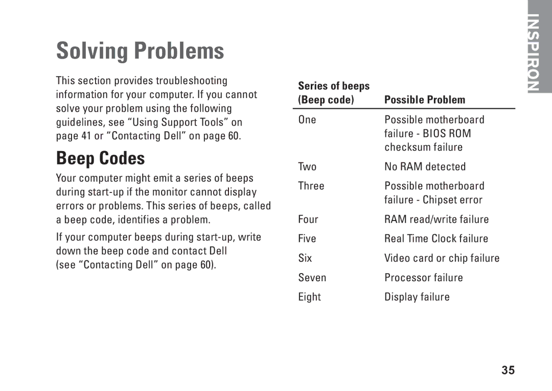 Dell W01B001, 0DTN4TA00 setup guide Solving Problems, Beep Codes, Beep code Possible Problem 