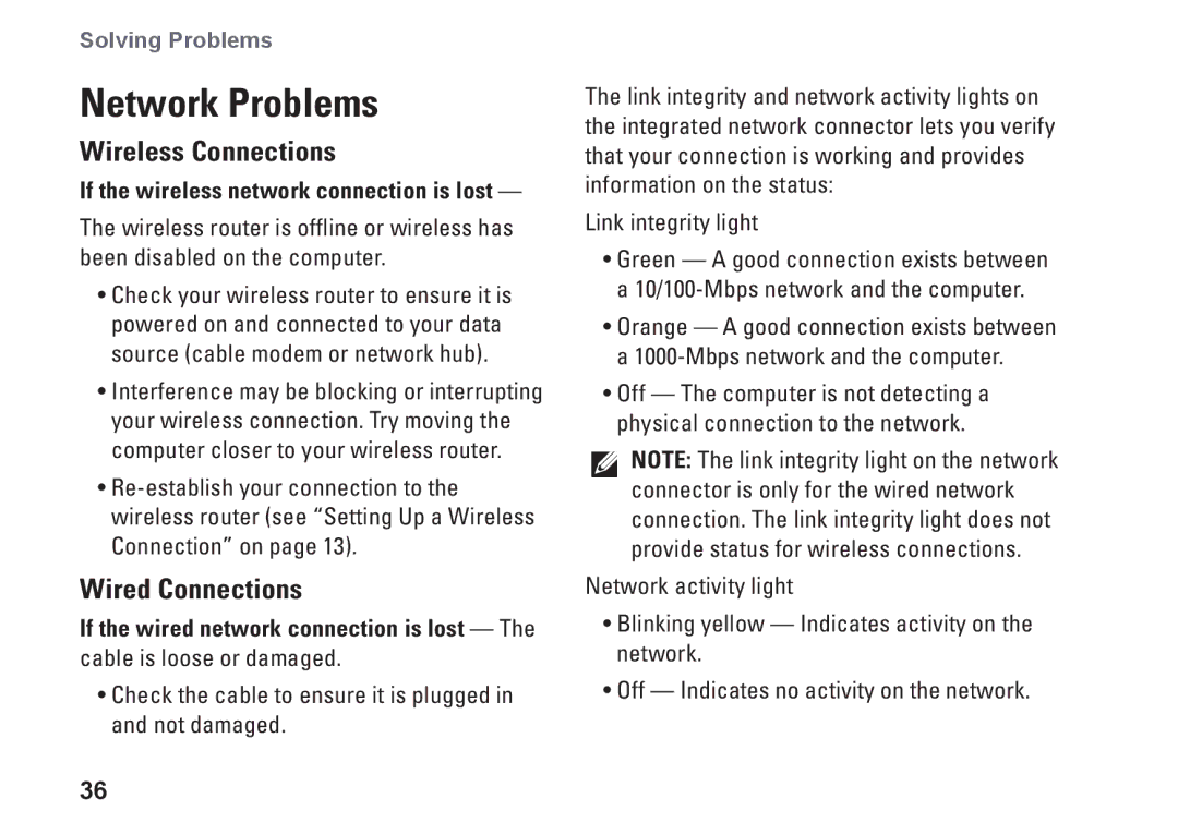 Dell 0DTN4TA00, W01B001 setup guide Network Problems, Wireless Connections, Wired Connections 