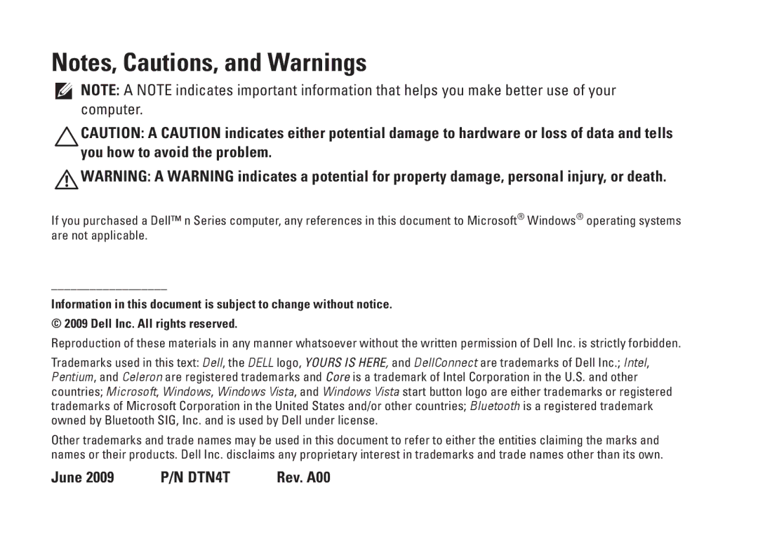 Dell 0DTN4TA00, W01B001 setup guide June 2009 P/N DTN4T Rev. A00 