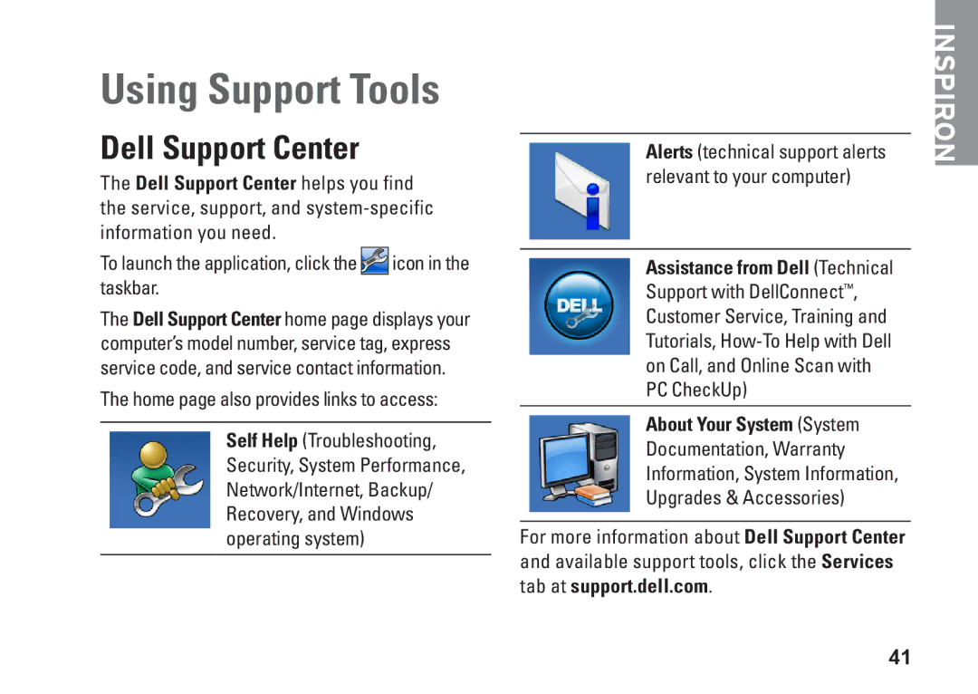 Dell 0DTN4TA00, W01B001 Using Support Tools, Dell Support Center, About Your System System, Tab at support.dell.com 