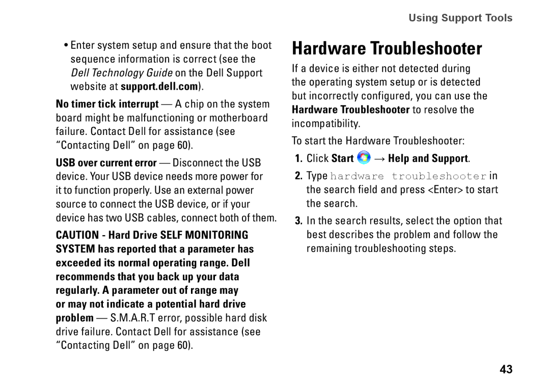 Dell W01B001, 0DTN4TA00 setup guide Hardware Troubleshooter, Click Start → Help and Support 