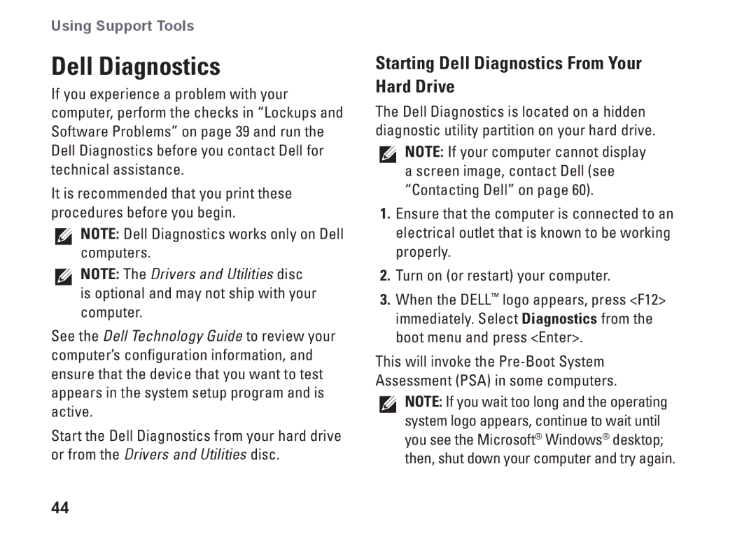 Dell 0DTN4TA00, W01B001 setup guide Starting Dell Diagnostics From Your Hard Drive 