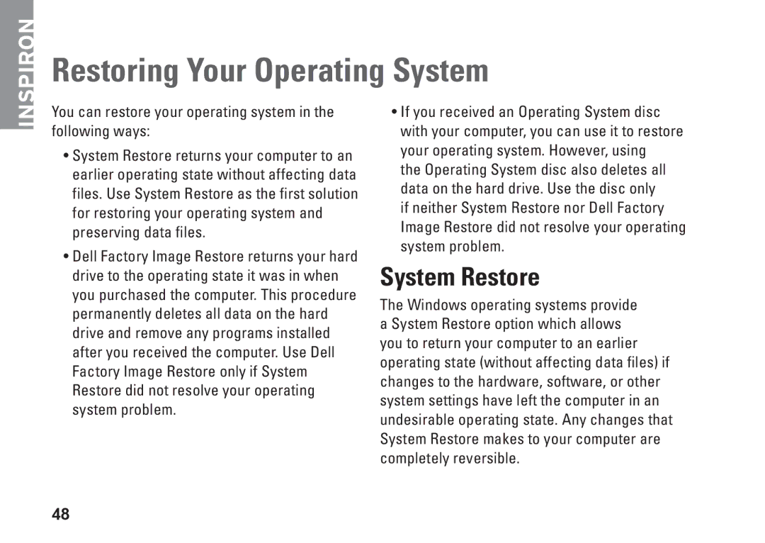 Dell 0DTN4TA00, W01B001 setup guide Restoring Your Operating System, System Restore 