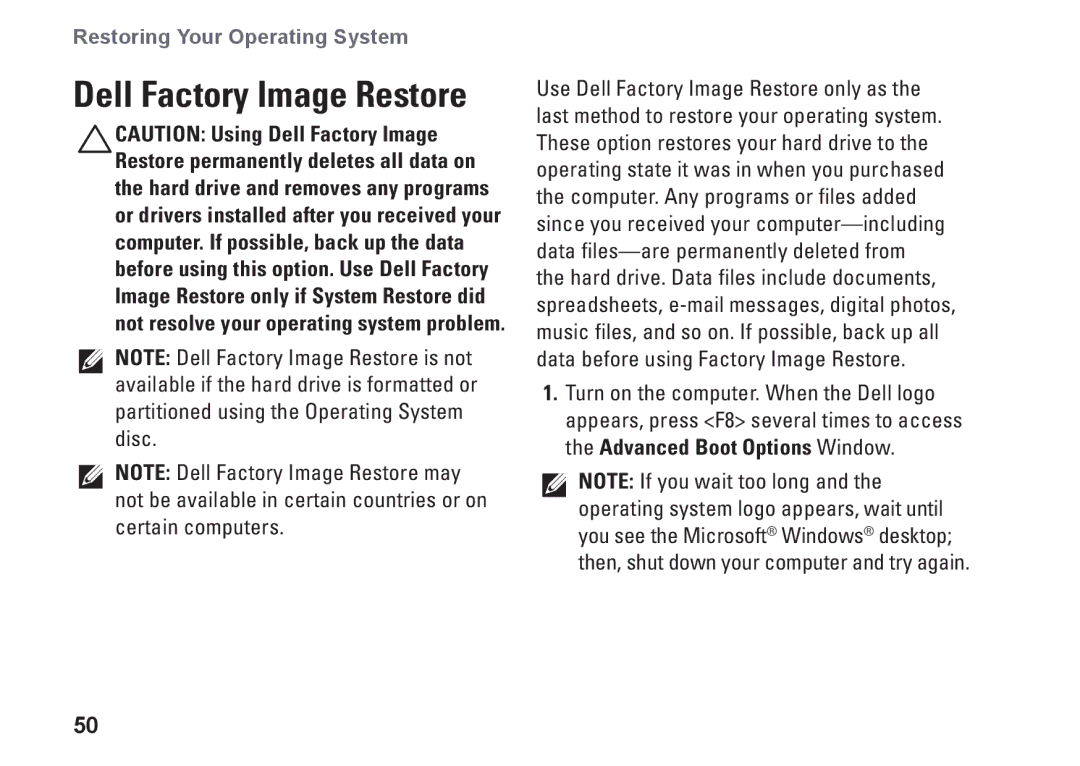 Dell 0DTN4TA00, W01B001 setup guide Dell Factory Image Restore 