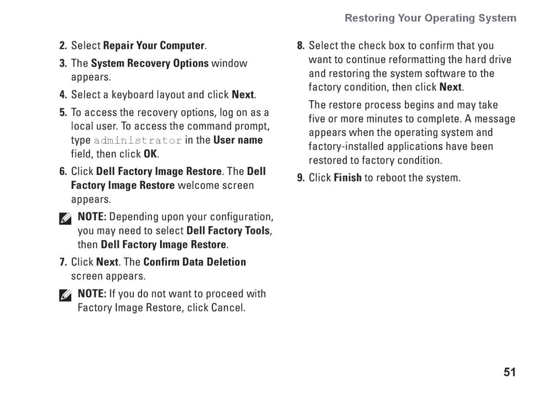 Dell W01B001, 0DTN4TA00 setup guide Restoring Your Operating System 