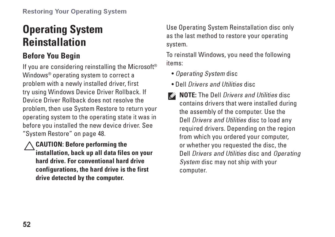 Dell 0DTN4TA00, W01B001 setup guide Operating System Reinstallation, Before You Begin 