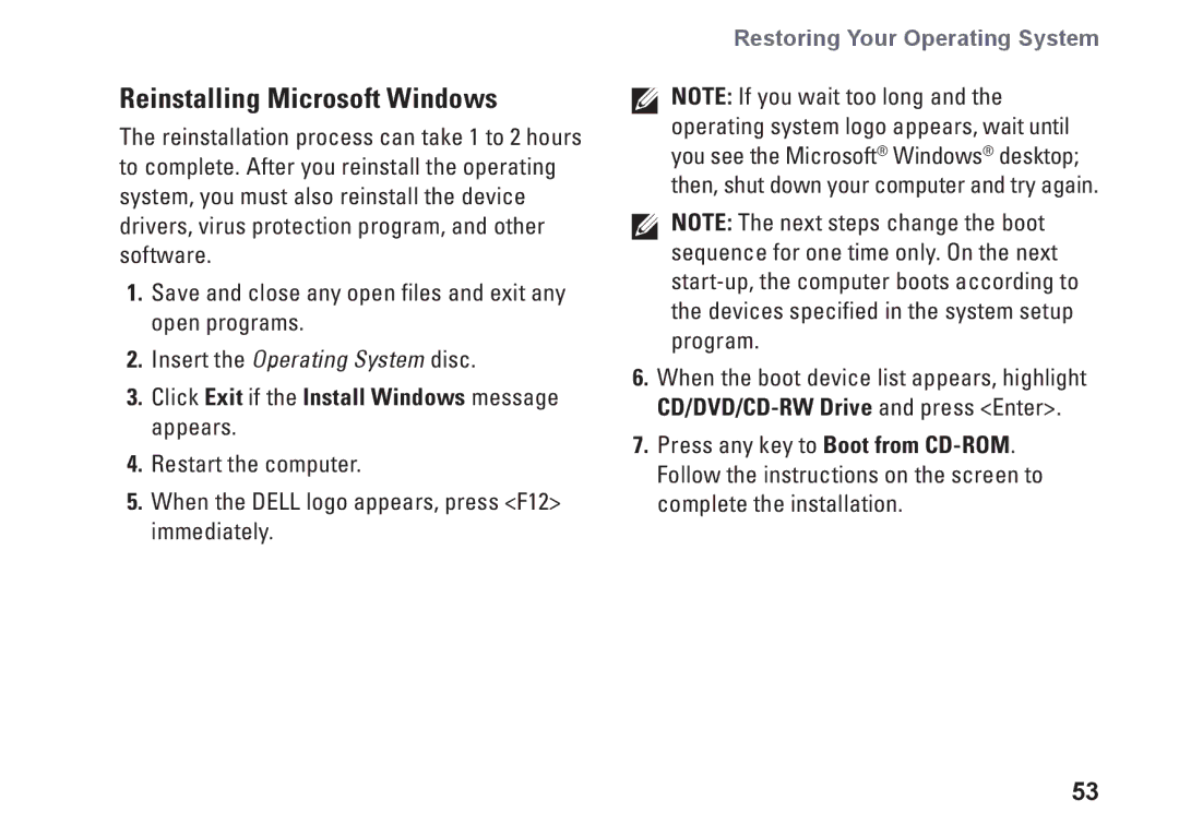 Dell 0DTN4TA00, W01B001 setup guide Reinstalling Microsoft Windows, Click Exit if the Install Windows message appears 