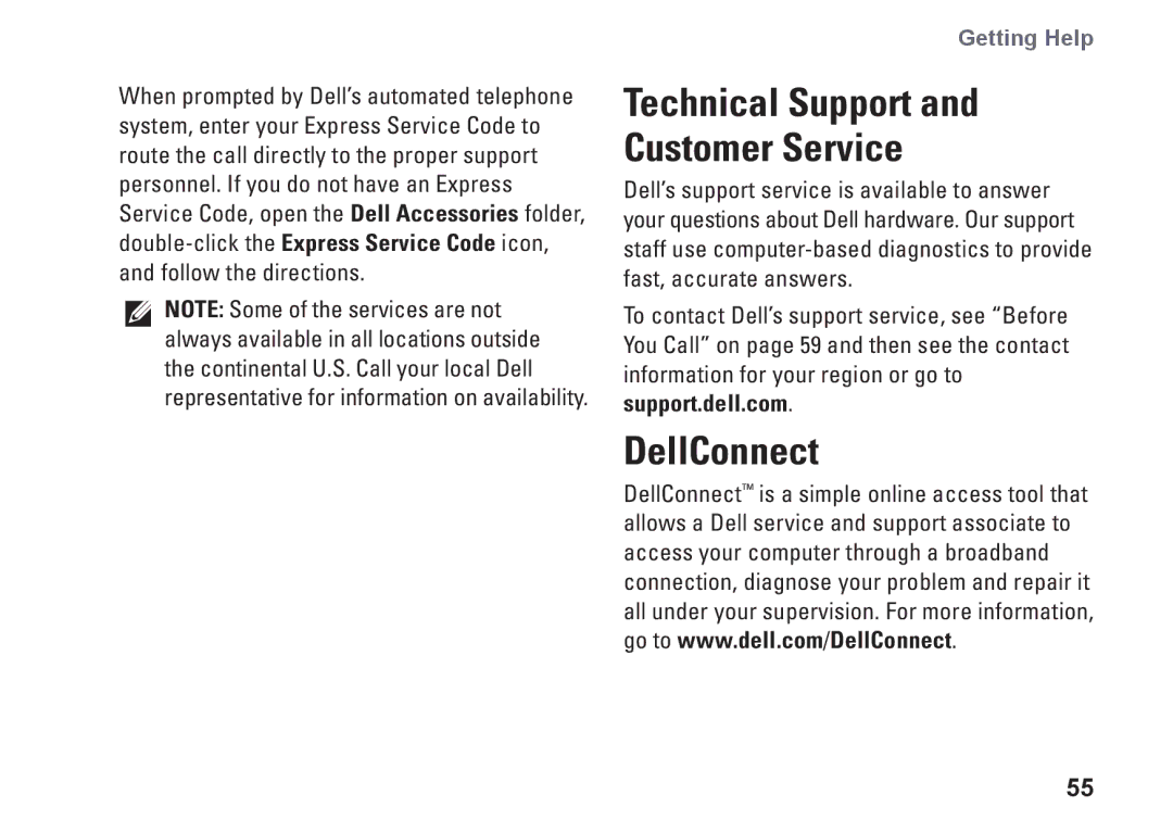 Dell W01B001, 0DTN4TA00 setup guide DellConnect, Technical Support and Customer Service 