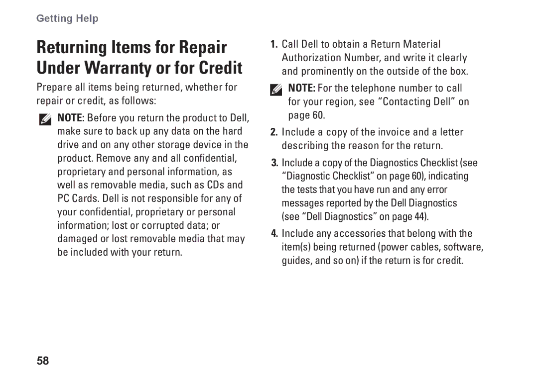 Dell 0DTN4TA00, W01B001 setup guide Returning Items for Repair Under Warranty or for Credit 