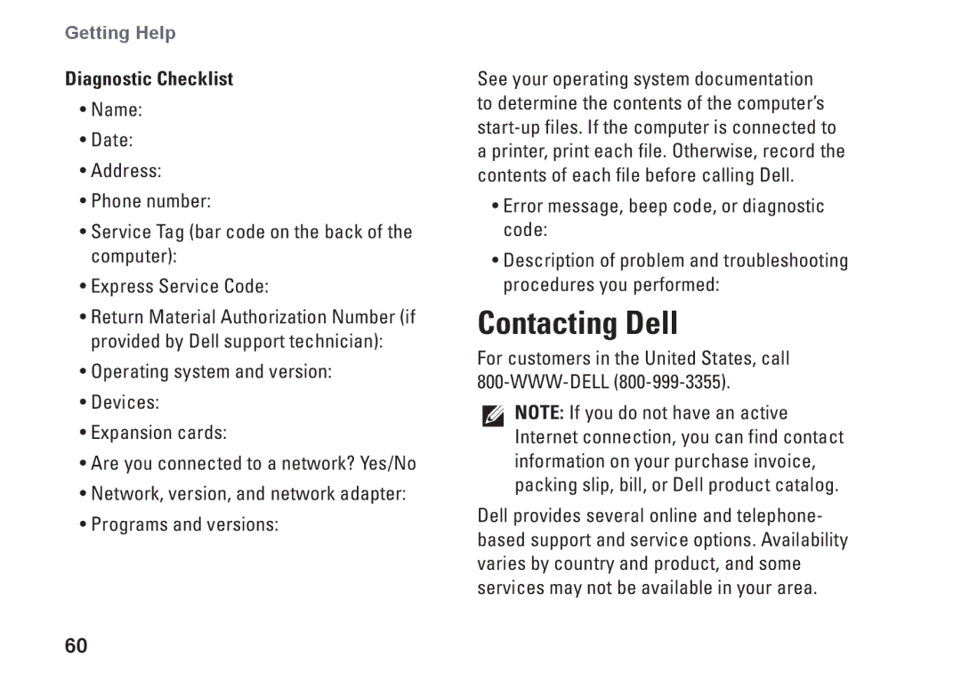 Dell 0DTN4TA00, W01B001 setup guide Contacting Dell, Diagnostic Checklist 