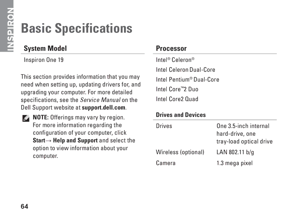 Dell 0DTN4TA00, W01B001 setup guide Basic Specifications, System Model, Processor, Drives and Devices 