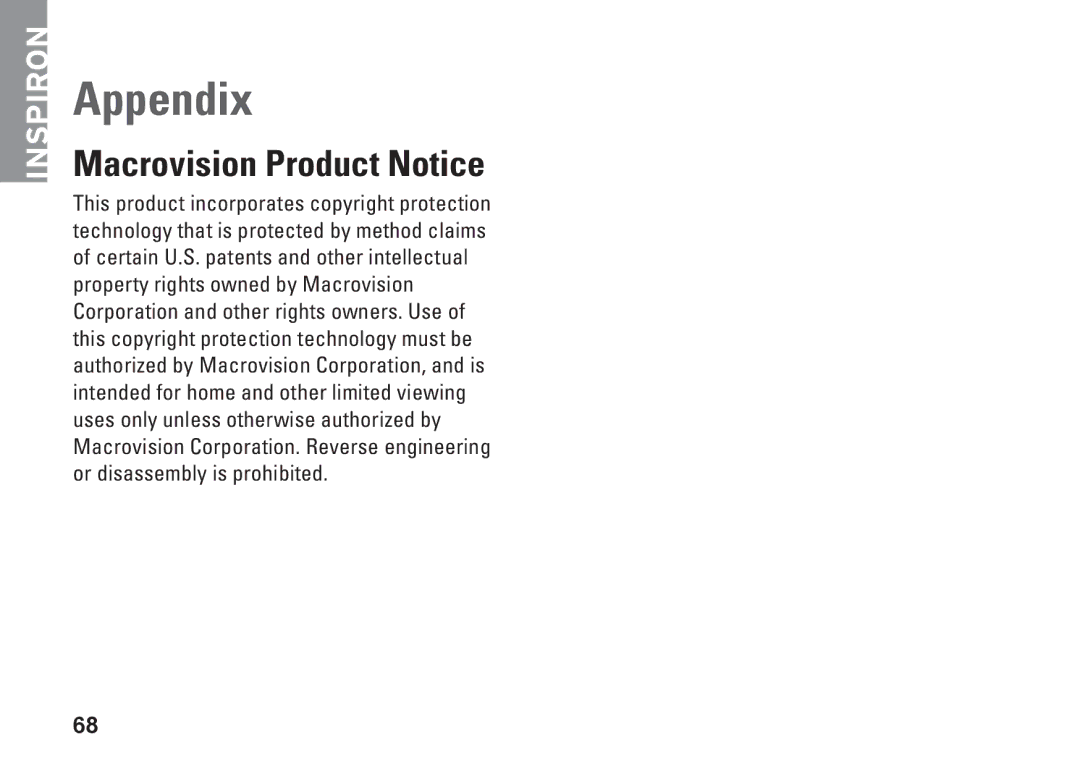 Dell 0DTN4TA00, W01B001 setup guide Appendix, Macrovision Product Notice 