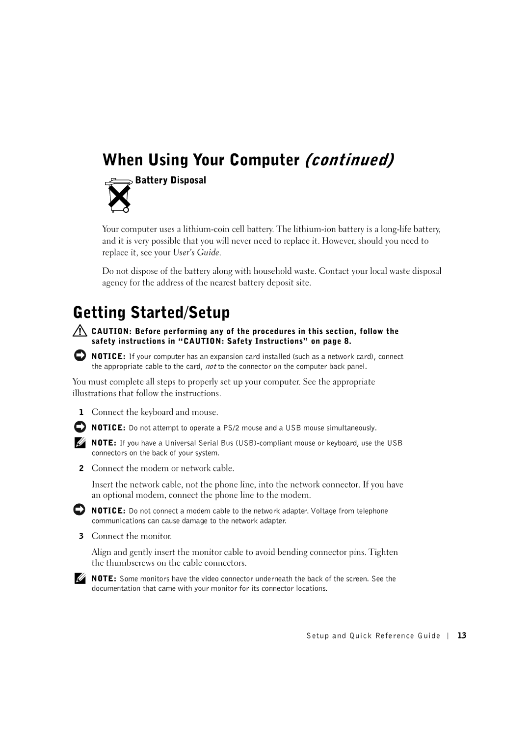 Dell 0F1697A00 manual Getting Started/Setup, Battery Disposal 