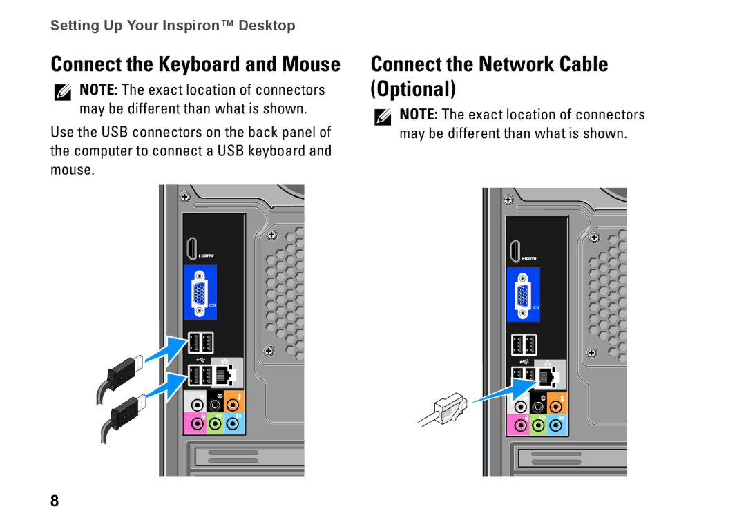 Dell 537, 0F970NA00, 535, 545, 546 setup guide Connect the Network Cable Optional, Connect the Keyboard and Mouse 