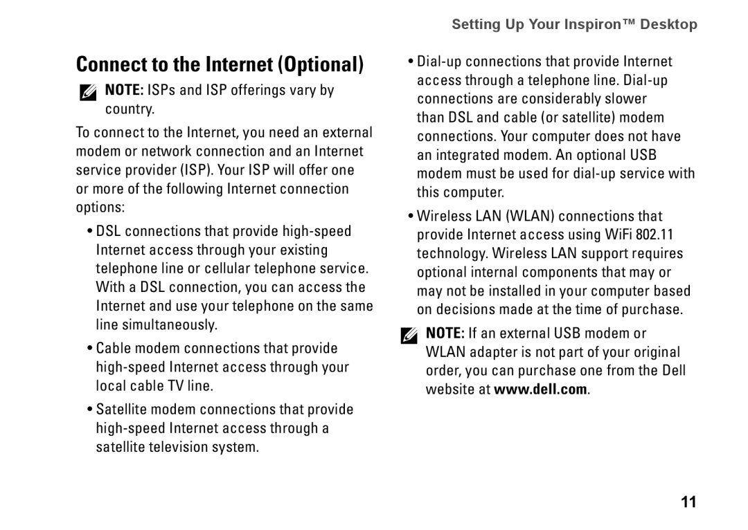 Dell 0F970NA00, 535, 545, 537, 546 setup guide Connect to the Internet Optional 