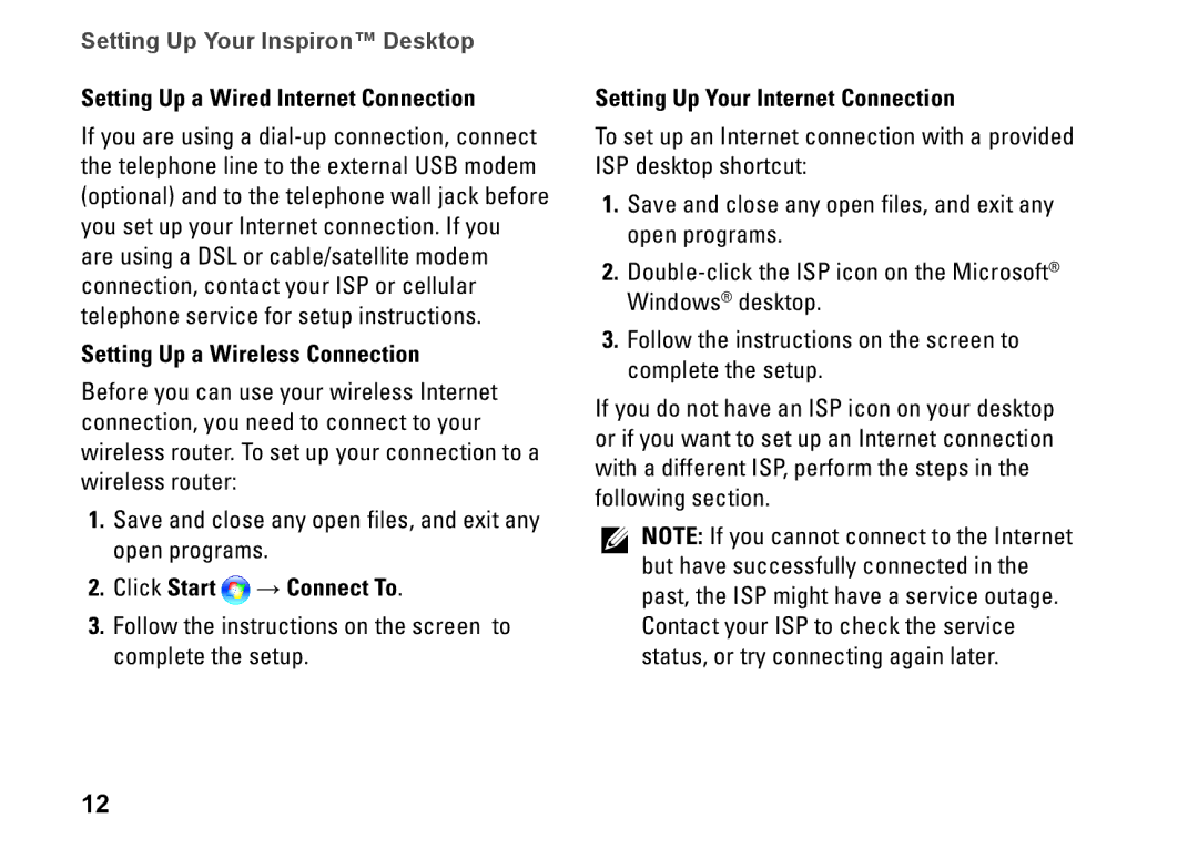 Dell 535, 0F970NA00, 545 Setting Up a Wired Internet Connection, Setting Up a Wireless Connection, Click Start → Connect To 