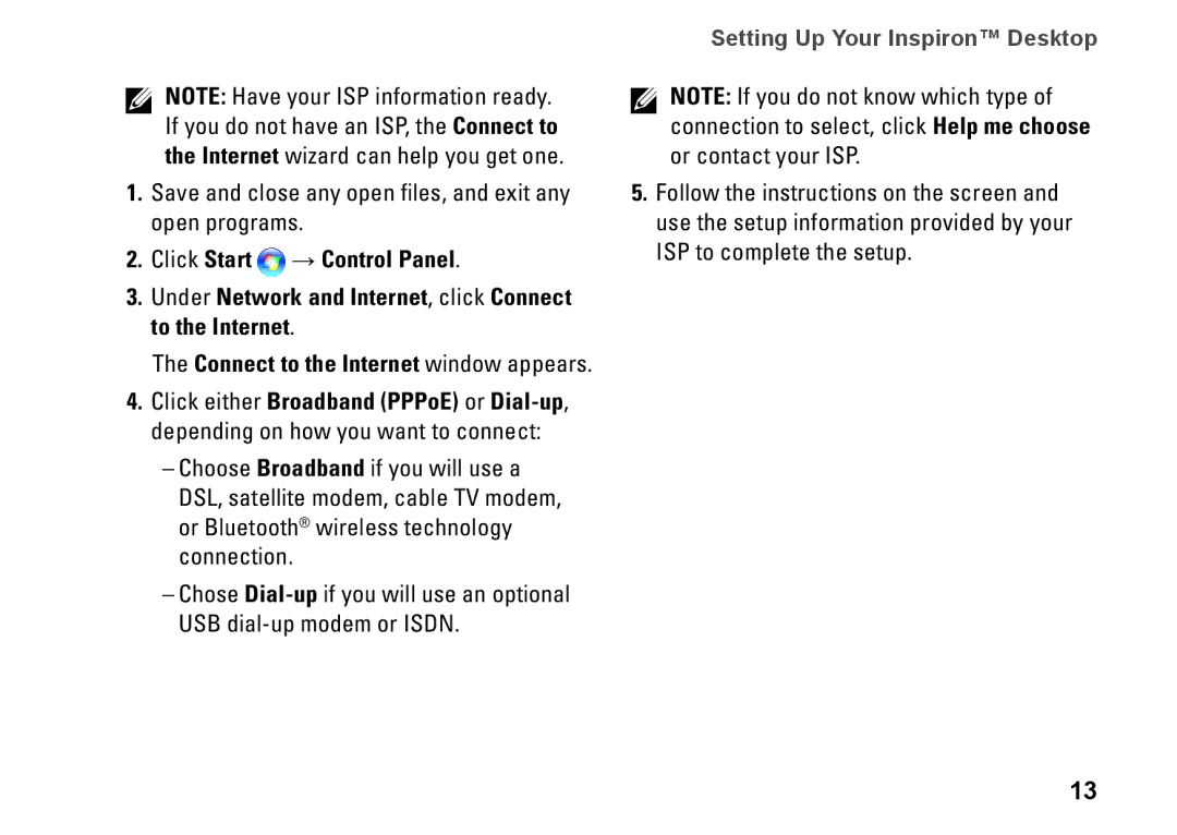 Dell 545, 0F970NA00, 535, 537, 546 setup guide Connect to the Internet window appears 