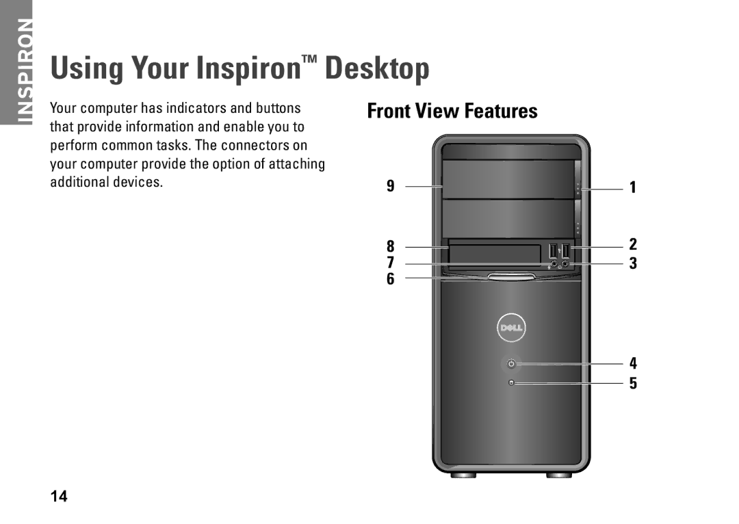 Dell 537, 0F970NA00, 535, 545, 546 setup guide Using Your Inspiron Desktop, Front View Features 