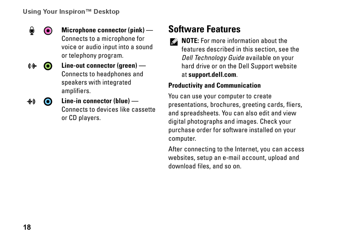 Dell 535, 0F970NA00, 545, 537, 546 setup guide Software Features, Productivity and Communication 