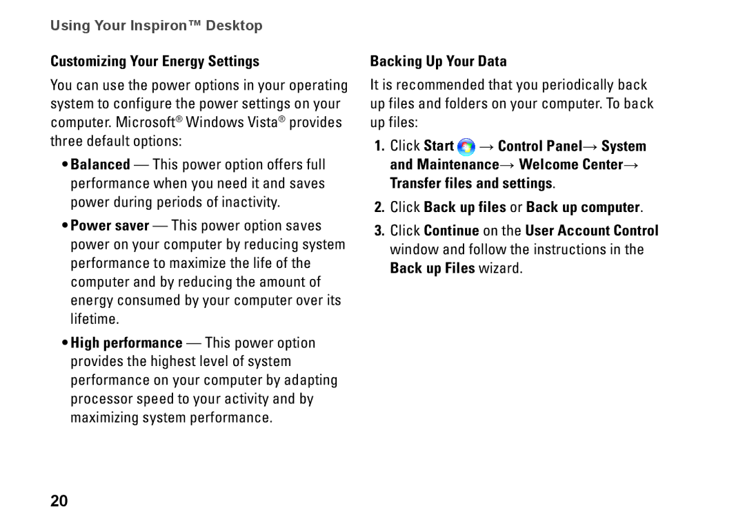 Dell 537, 0F970NA00, 535, 545, 546 setup guide Customizing Your Energy Settings, Backing Up Your Data 