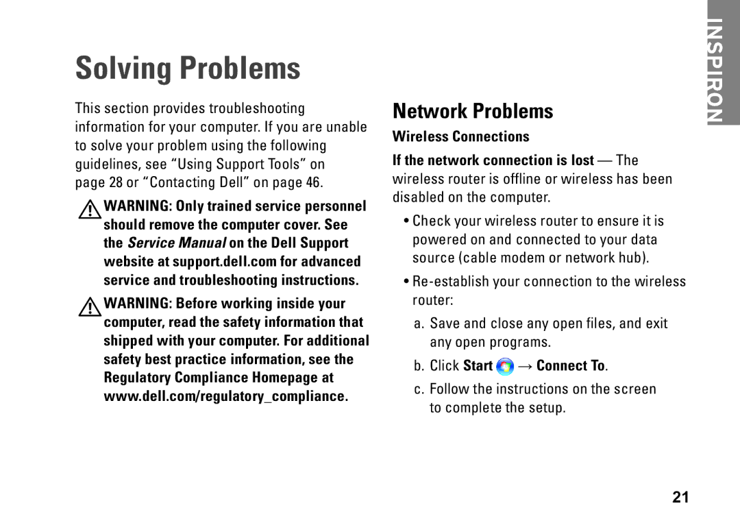 Dell 546, 0F970NA00, 535, 545, 537 setup guide Solving Problems, Network Problems 