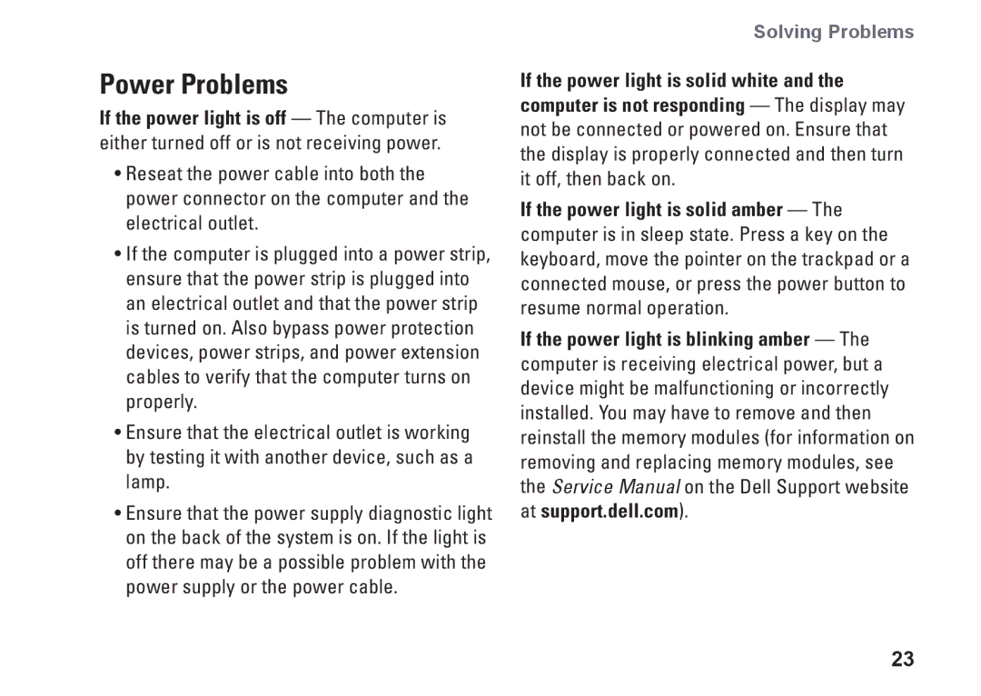 Dell 0F970NA00, 535, 545, 537, 546 setup guide Power Problems 