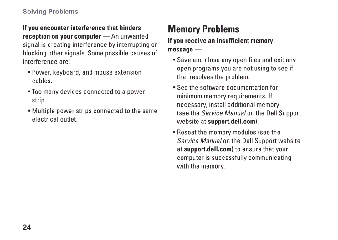 Dell 535, 0F970NA00, 545, 537, 546 setup guide Memory Problems, If you receive an insufficient memory message 