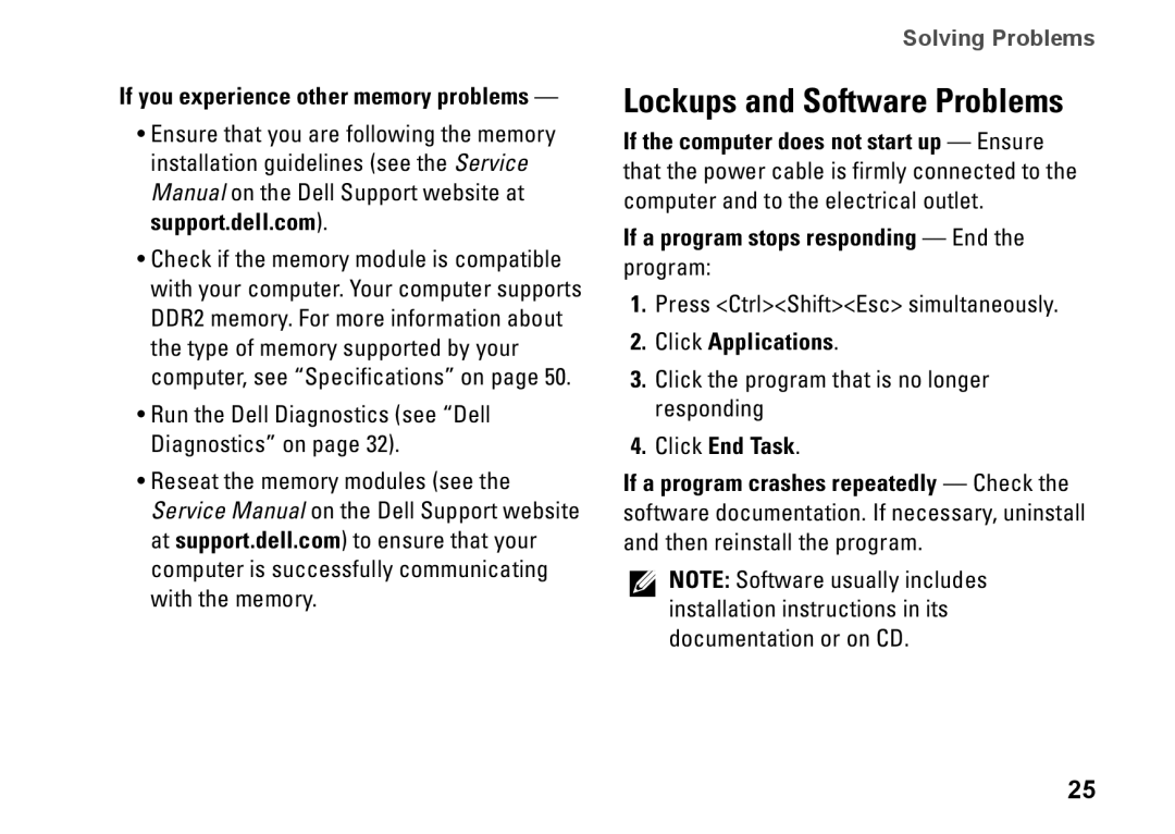 Dell 545, 0F970NA00, 535 Lockups and Software Problems, If a program stops responding End the program, Click Applications 