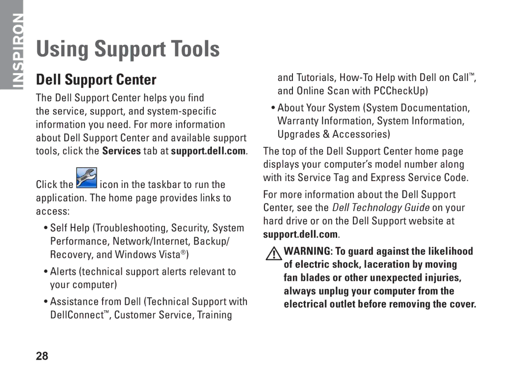 Dell 0F970NA00, 535, 545, 537, 546 setup guide Using Support Tools, Dell Support Center 