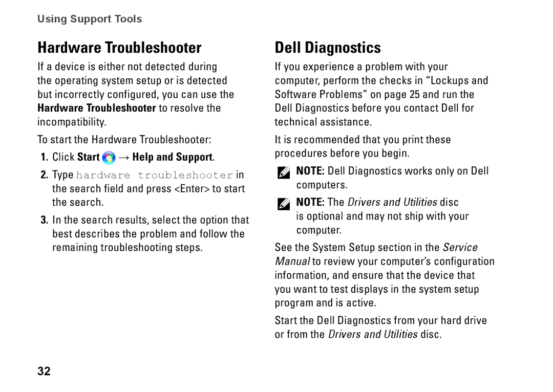 Dell 537, 0F970NA00, 535, 545, 546 setup guide Hardware Troubleshooter, Dell Diagnostics, Click Start → Help and Support 