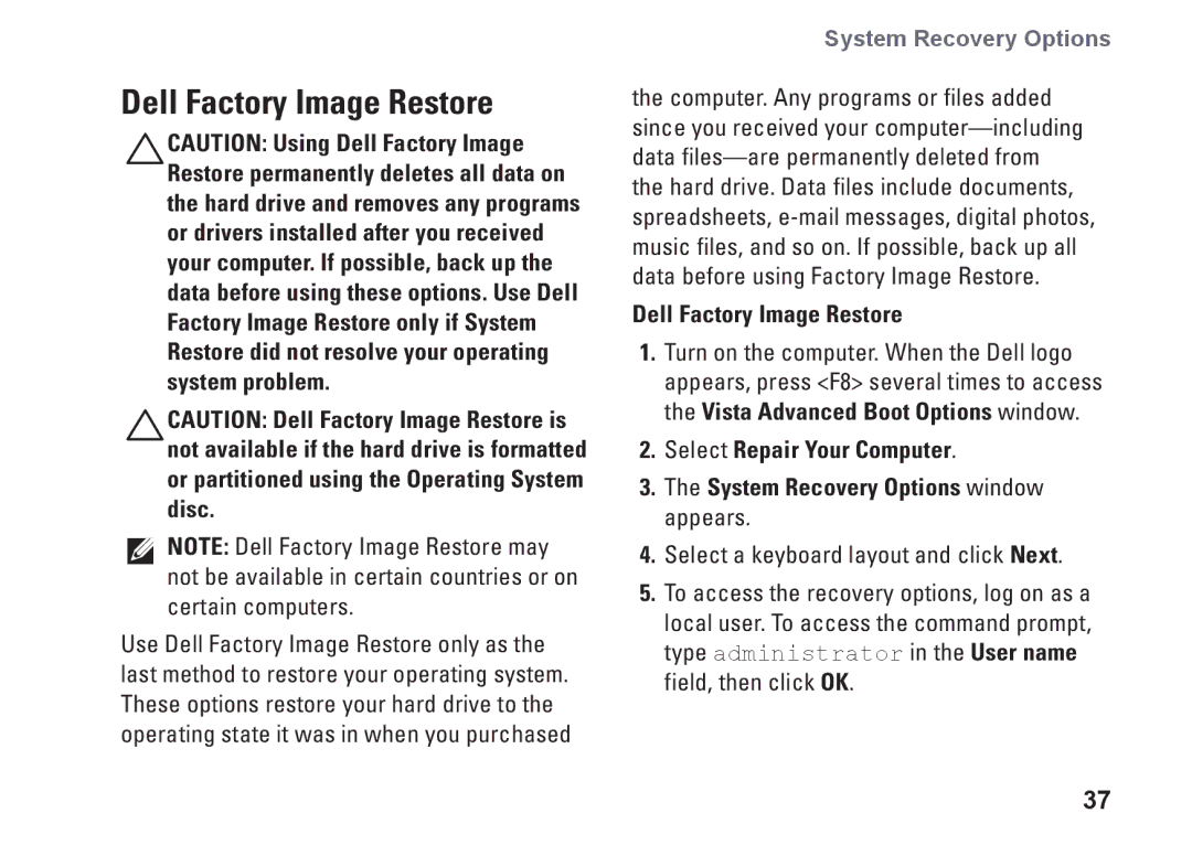 Dell 545, 0F970NA00, 535, 537, 546 setup guide Dell Factory Image Restore 