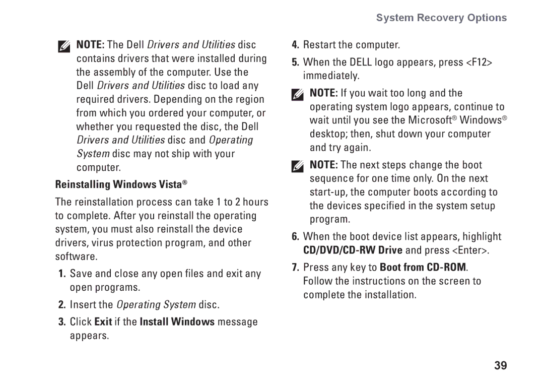 Dell 546, 0F970NA00, 535, 545, 537 setup guide Reinstalling Windows Vista, Click Exit if the Install Windows message appears 