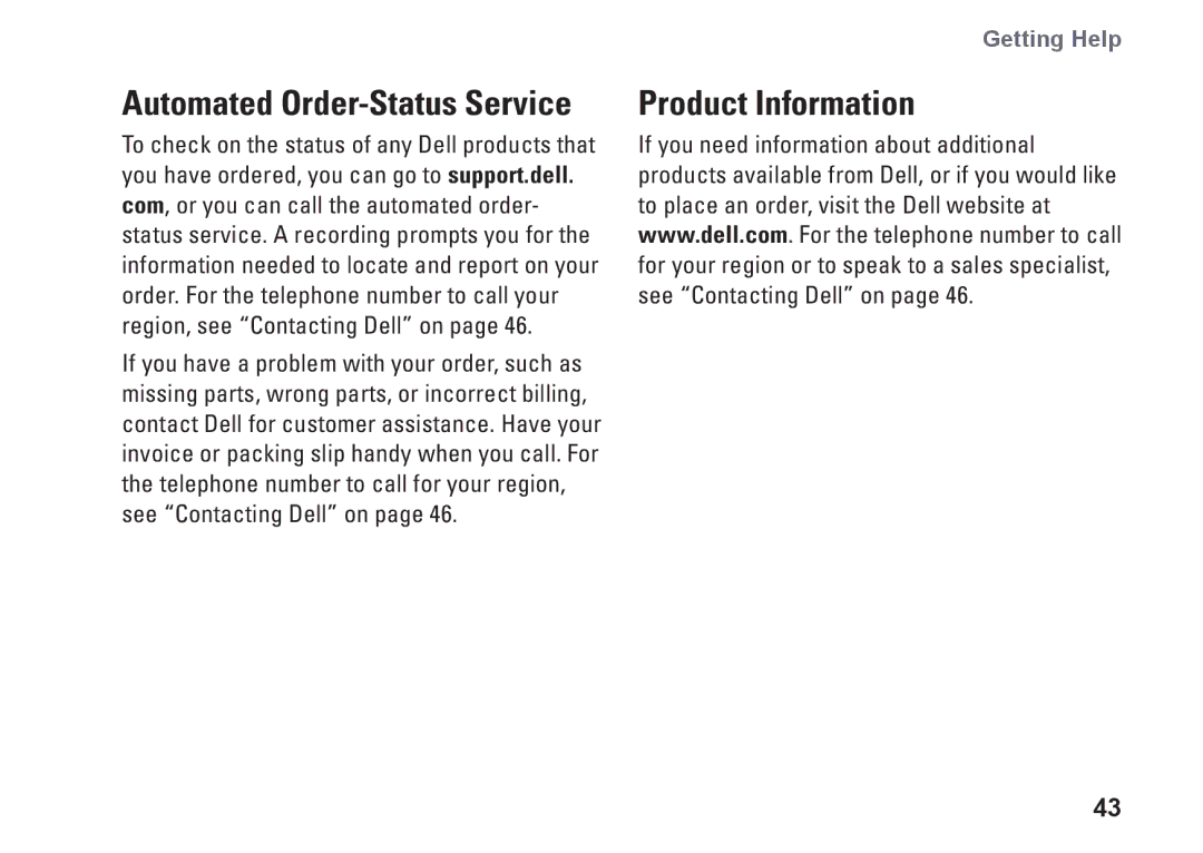 Dell 545, 0F970NA00, 535, 537, 546 setup guide Product Information, Automated Order-Status Service 