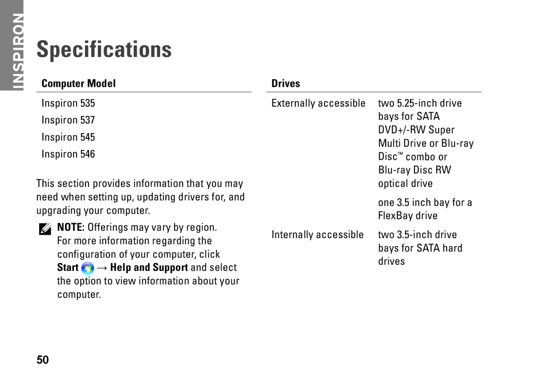 Dell 537, 0F970NA00, 535, 545, 546 setup guide Specifications, Computer Model, Drives 