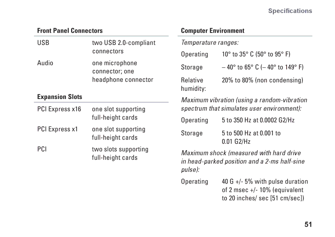 Dell 546, 0F970NA00, 535, 545, 537 setup guide Front Panel Connectors, Expansion Slots, Computer Environment 