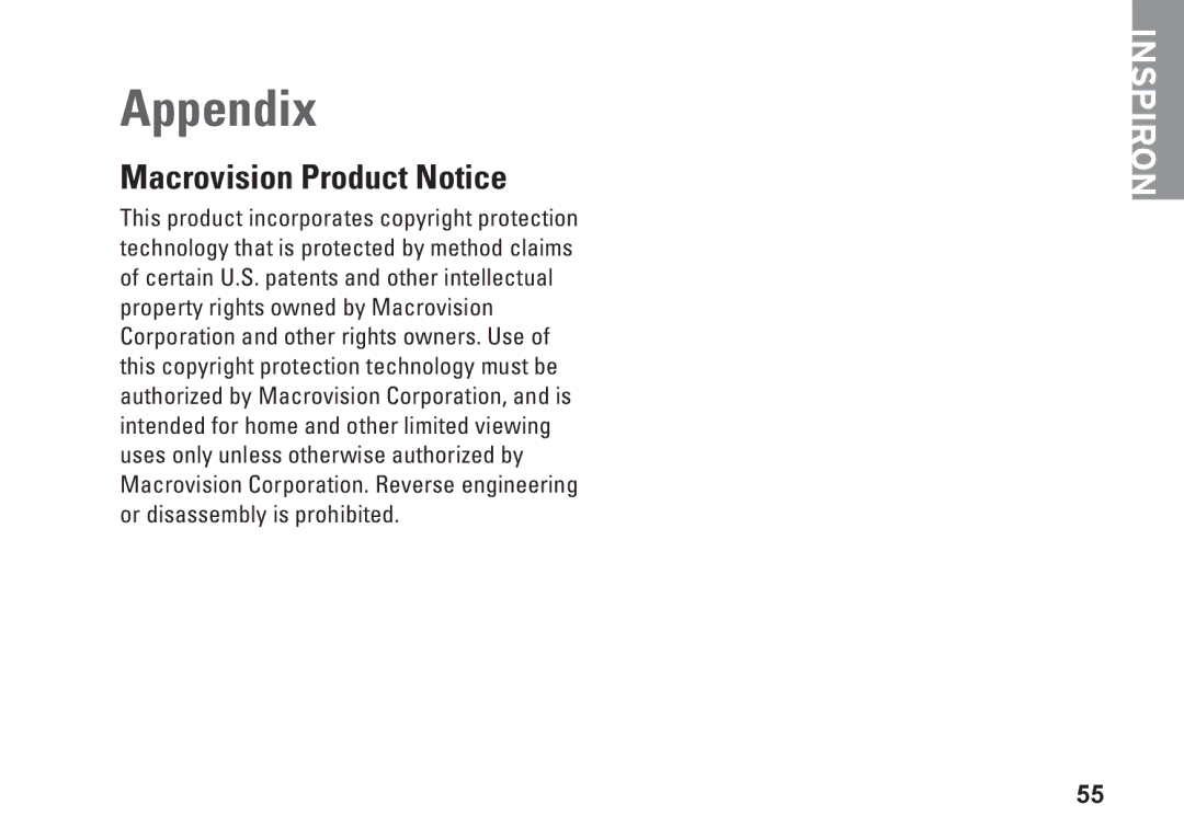 Dell 545, 0F970NA00, 535, 537, 546 setup guide Appendix, Macrovision Product Notice 