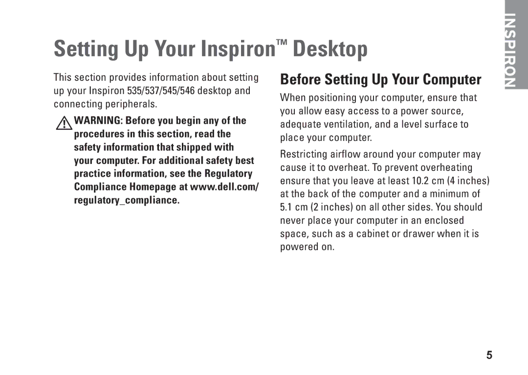 Dell 0F970NA00, 535, 545, 537, 546 setup guide Setting Up Your Inspiron Desktop, Before Setting Up Your Computer 