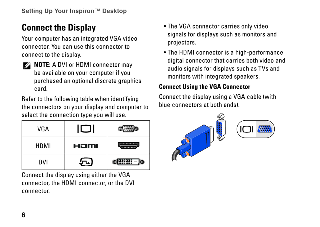 Dell 535, 0F970NA00, 545, 537, 546 setup guide Connect the Display, Connect Using the VGA Connector 